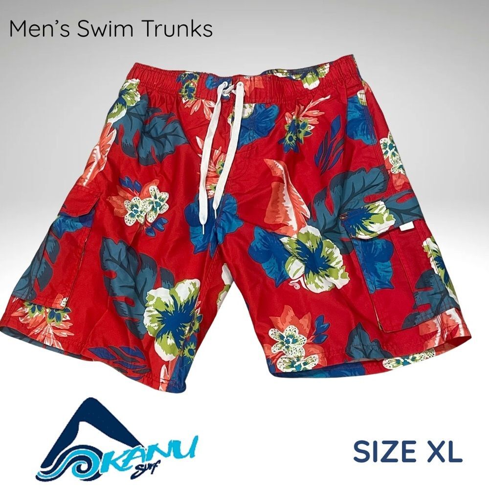 Kanu Surf Men’s Swim Trunks XL – Red Tropical Hibiscus Print – Mesh Lined